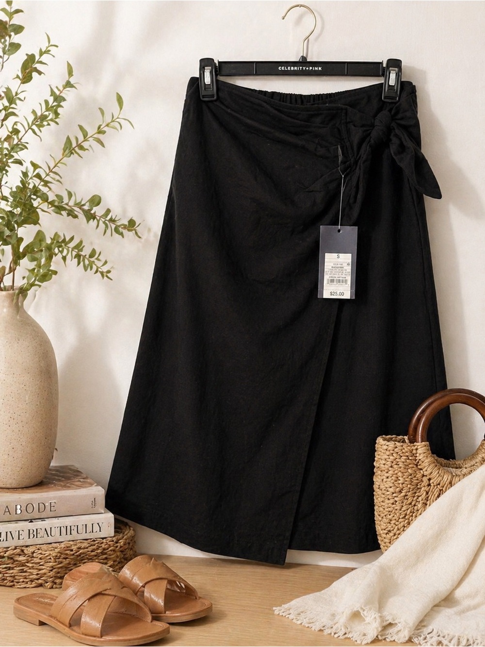 Universal Thread Black Linen Blend Midi Wrap Skirt with Side Tie Small NWT